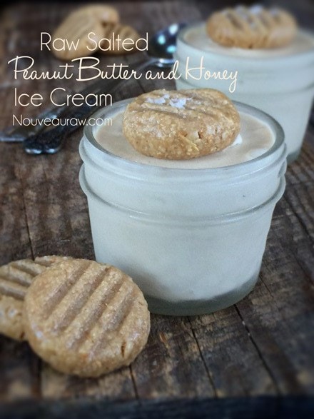 raw vegan Salted Peanut Butter and Honey Ice Cream served in small mason jars