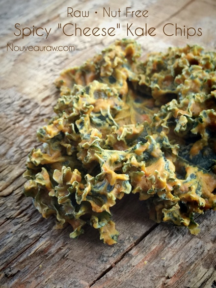 raw vegan close up of Spicy "Cheese" Kale Chips