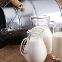 homemade almond milk in pretty glass pitchers