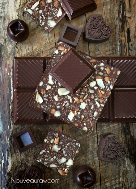 a display of Raw vegan Milk Chocolate poured into chocolate bar molds