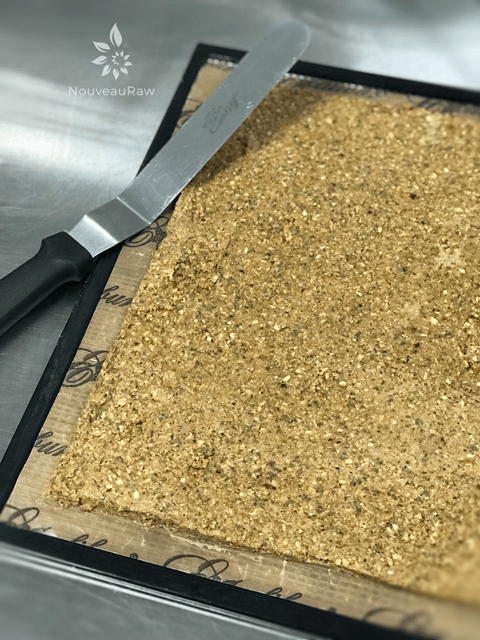 spreading the batter of Granola-Crunch'Ola-Cereal on a dehydrator tray
