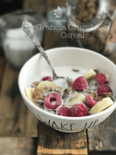 raw vegan Granola-Crunch'Ola-Cereal in a Rae Dunn bowl