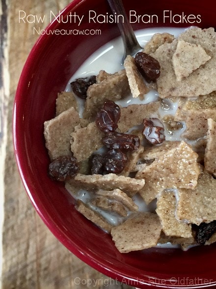 An appetizing Nutty Raisin Bran Flakes Recipe in a beautiful red bowl