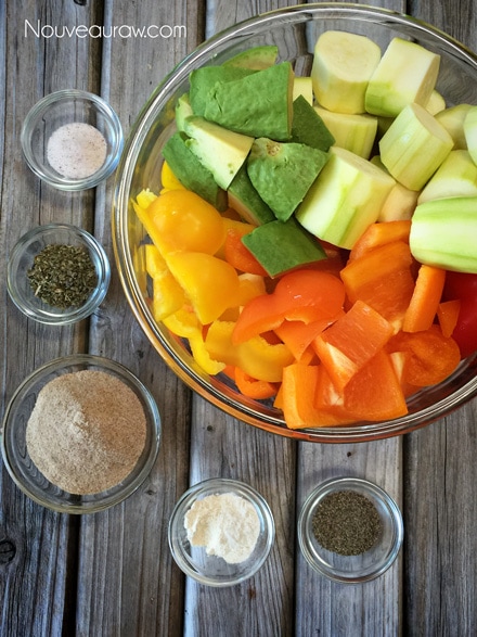 preparing all the ingredients to make raw vegan gluten free flexible Bell Pepper Rainbow Wrap
