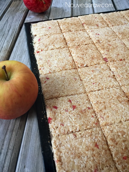 raw gluten free Apple Pie Crackers spread out on an Excalibur dehydrator tray