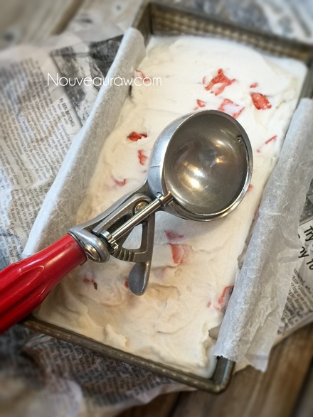  raw dairy free Salted Watermelon Ice Cream and an old fashion ice cream scooper