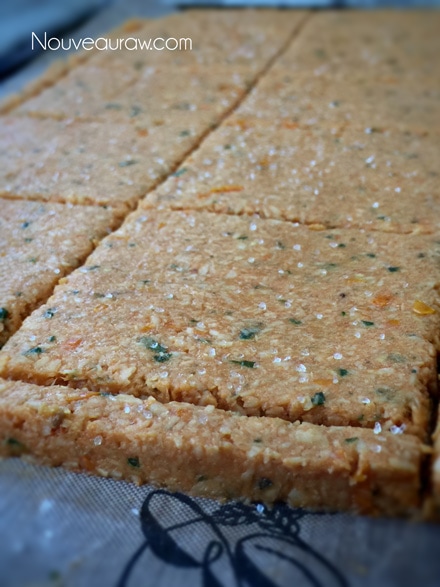 the batter of the Tomato Herbed Crackers displayed on an Excalibur dehydrator tray
