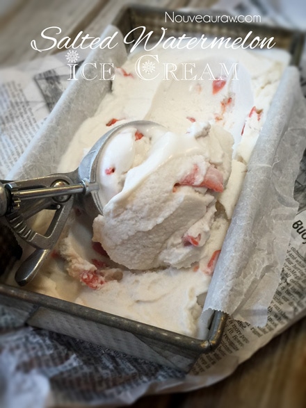 raw dairy free Salted Watermelon Ice Cream served in a old bread loaf pan