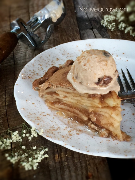 A heavenly slice of Raw Gluten-Free Cinnamon Caramel Pear Pie topped with ice cream