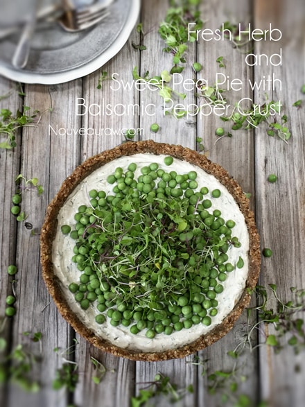 an over head shot of raw vegan Fresh Herb and Sweet Pea Pie with Balsamic Pepper Crust 