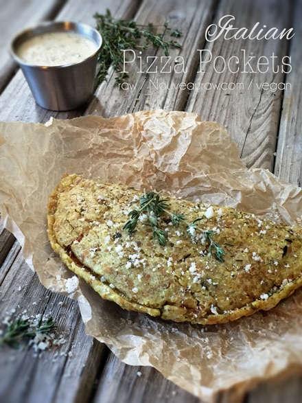 raw vegan Italian Pizza Pockets displayed on the wooden table