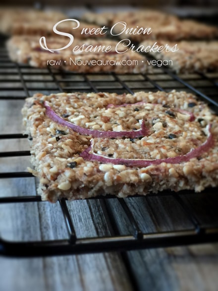 raw gluten free Sweet Onion Sesame Crackers displayed on a cooling rack