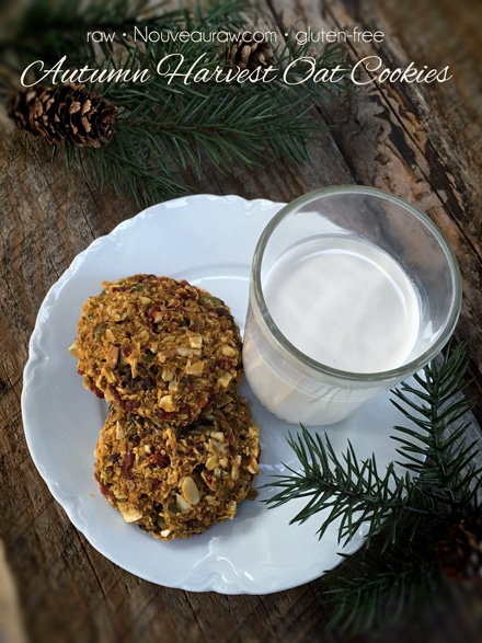 overview of Autumn Harvest Oat Cookies on a white plate and a glass of almond milk