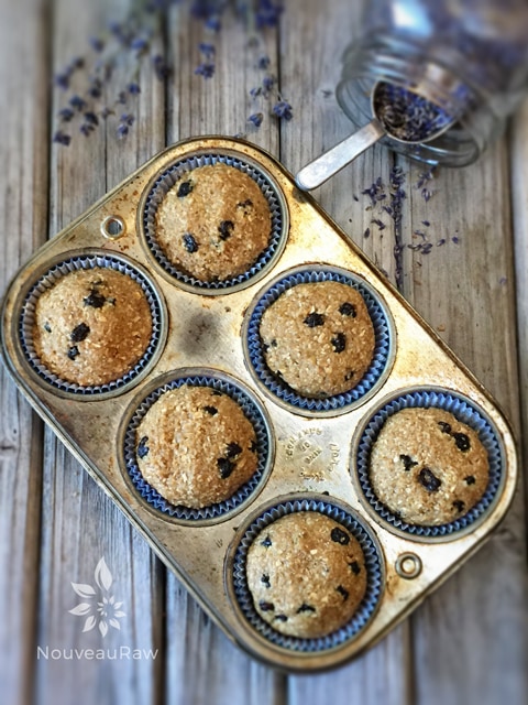 over head view of raw vegan gluten free Blueberry Lavender Muffins 