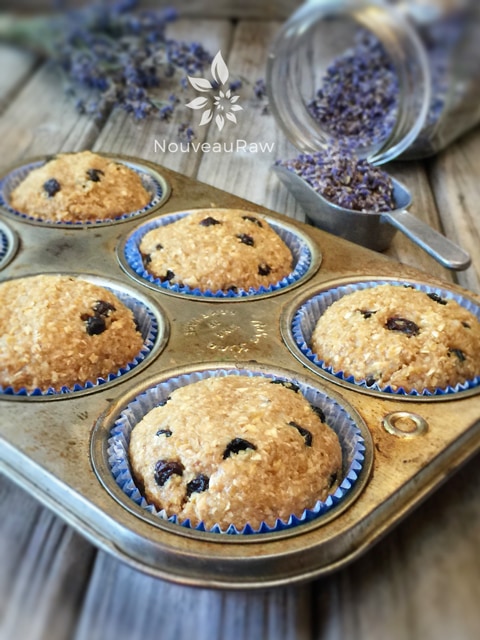 close up of raw vegan gluten free Blueberry Lavender Muffins 