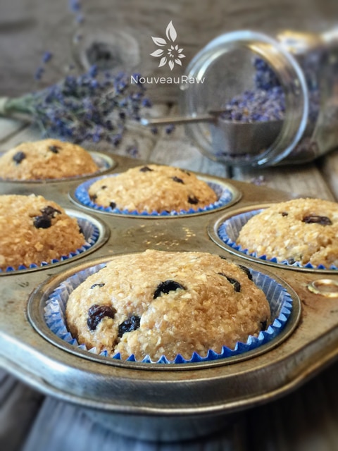 raw vegan gluten free Blueberry Lavender Muffins with dried lavender in the background 