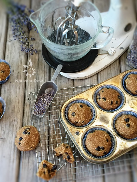 over head view of Blueberry Lavender Muffins with an antique mixer