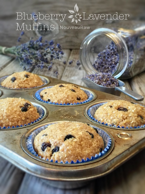  raw vegan gluten free Blueberry Lavender Muffins in an old fashion muffin pan