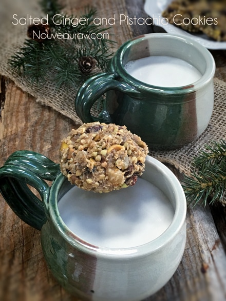 raw vegan Salted Ginger and Pistachio Cookies served with almond milk