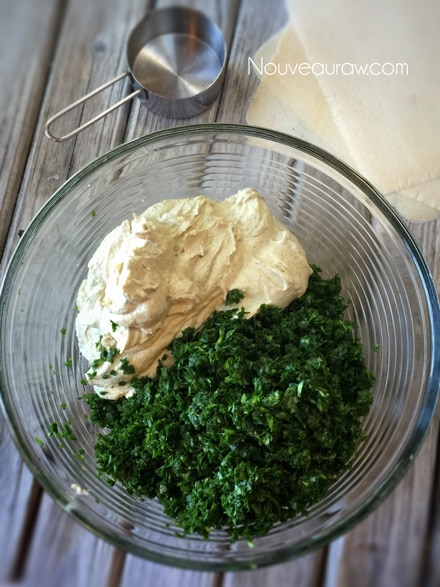 creating the vegan, rich and creamy base of the overhead shot of Spinach & Sunflower Cheese