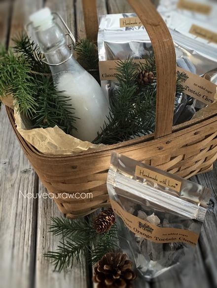 A great gift idea: Fill a basket with homemade candies and a container of fresh almond milk. 