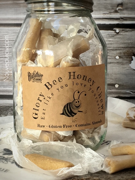 raw vegan Glory Bee Honey Chews in a large mason jar for gift giving