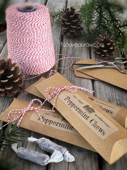 raw vegan Peppermint Chews wrapped in wax paper for gift giving