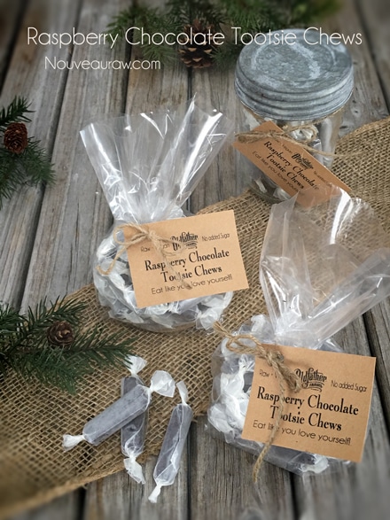 raw vegan Raspberry Chocolate Tootsie Chews packaged in clear bags for gift giving