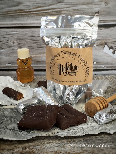 Raw Gluten-Free Salted Honey Nougat Candy Bars with Honey displayed in packages