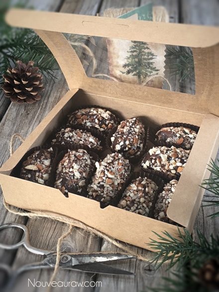 Salted “Caramel” Sea Salt Ganache Truffles displayed in kraft box for gift giving
