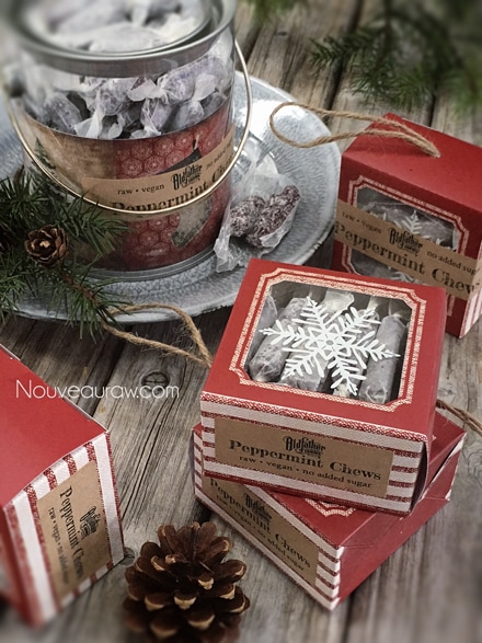 raw vegan peppermint chews boxed in red and white boxes for gift ideas