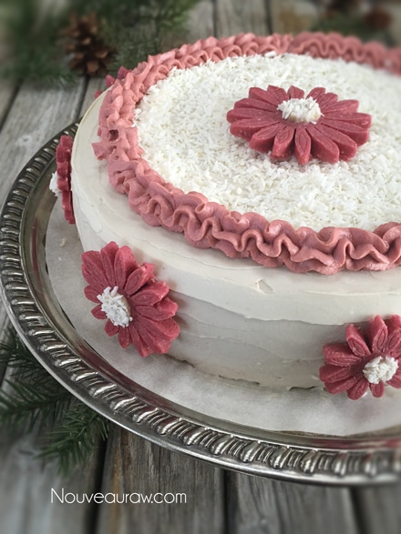 completely decorated vegan, gluten-free Ruby Red Velvet Cake