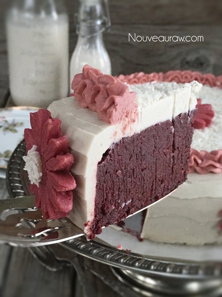 a beautifully moist vegan, gluten-free Ruby Red Velvet Cake