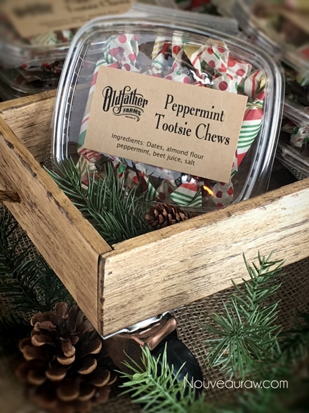 Peppermint Tootsie Chews displayed in a wooden tray