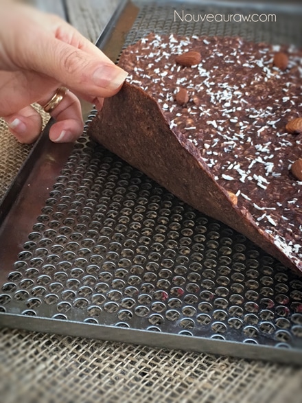 showing the showing you the texture of the almond joy candy leather while on the dehydrator tray