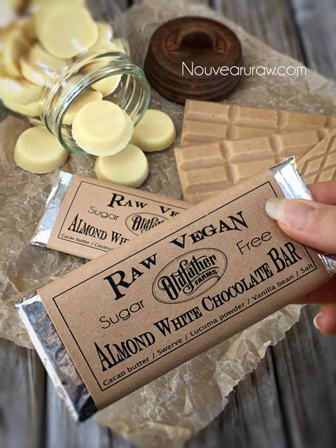 raw, vegan Almond White Chocolate Bar sugar free wrapped in card stock