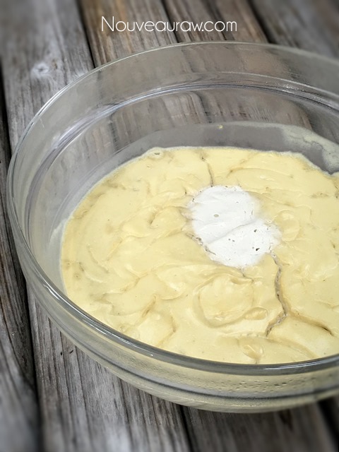a close up of raw vegan Cultured Cashew Cream Cheese fermenting 
