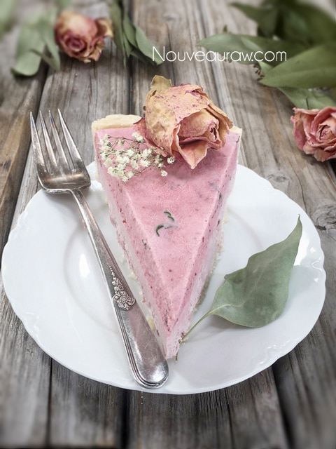 A single slice of Heavenly Delicious Raw Cultured Strawberry Mint Cheesecake