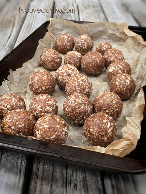 a tray of raw vegan gluten-free Chewy Cinnamon Donut Holes displayed on brown parchment paper