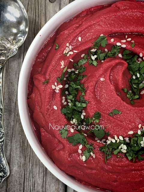 a close up of red beet humus 