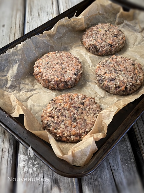forming the raw vegan gluten free Black Bean and Mushroom Burger into patties, cooked option