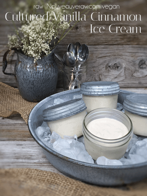 raw vegan Cultured Vanilla Cinnamon Ice Cream displayed in mason jars