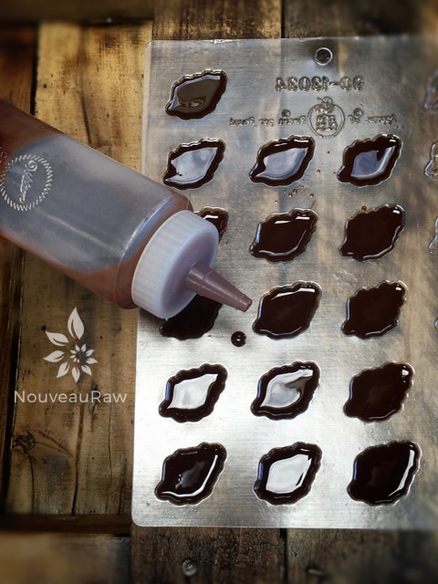 Using a squeeze bottle to put the liquid chocolate in the mold.