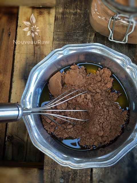 Add raw cacao powder and salt. And whisk to remove all lumps and bumps.