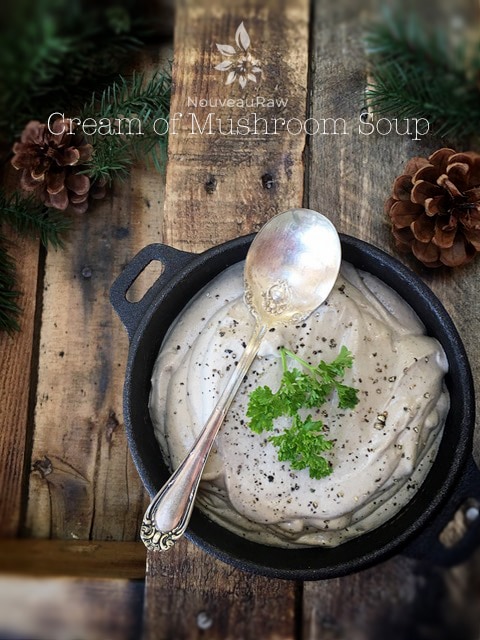 raw vegan Classic Cream of Mushroom Soup served in a cast iron bowl