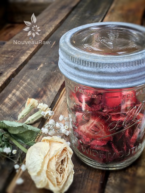 dehydrated strawberries displayed in a mason jar