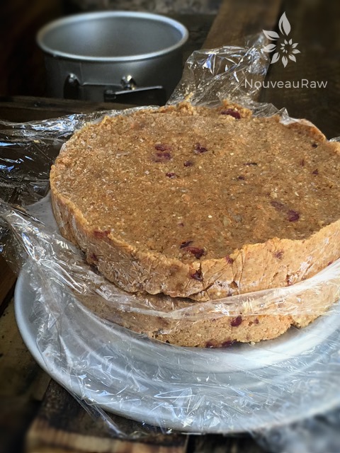 Remove from freezer and separate the layers when making raw vegan gluten-free Rosemary Cranberry Carrot Cake 