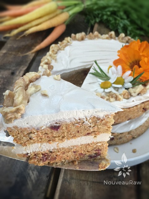 a close up of raw vegan gluten-free Rosemary Cranberry Carrot Cake 