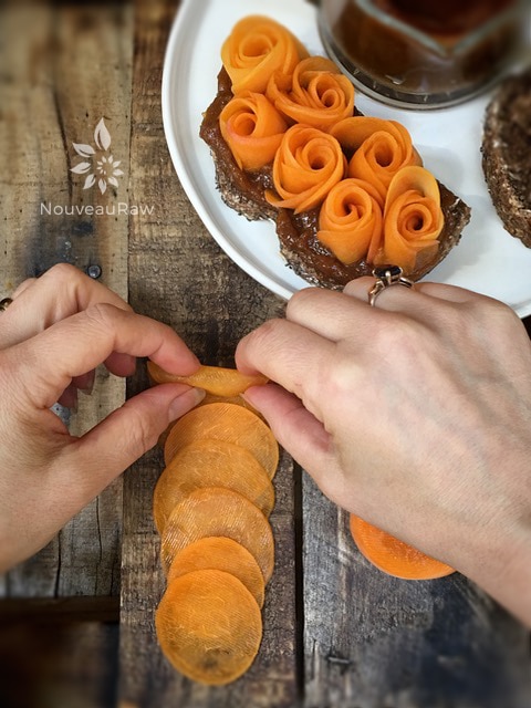 start on one end and role the thin slices of apricots to make Apricot Flowers