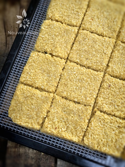 pulling the raw vegan Mighty Mango Ginger Coconut Crackers from the dehydrator
